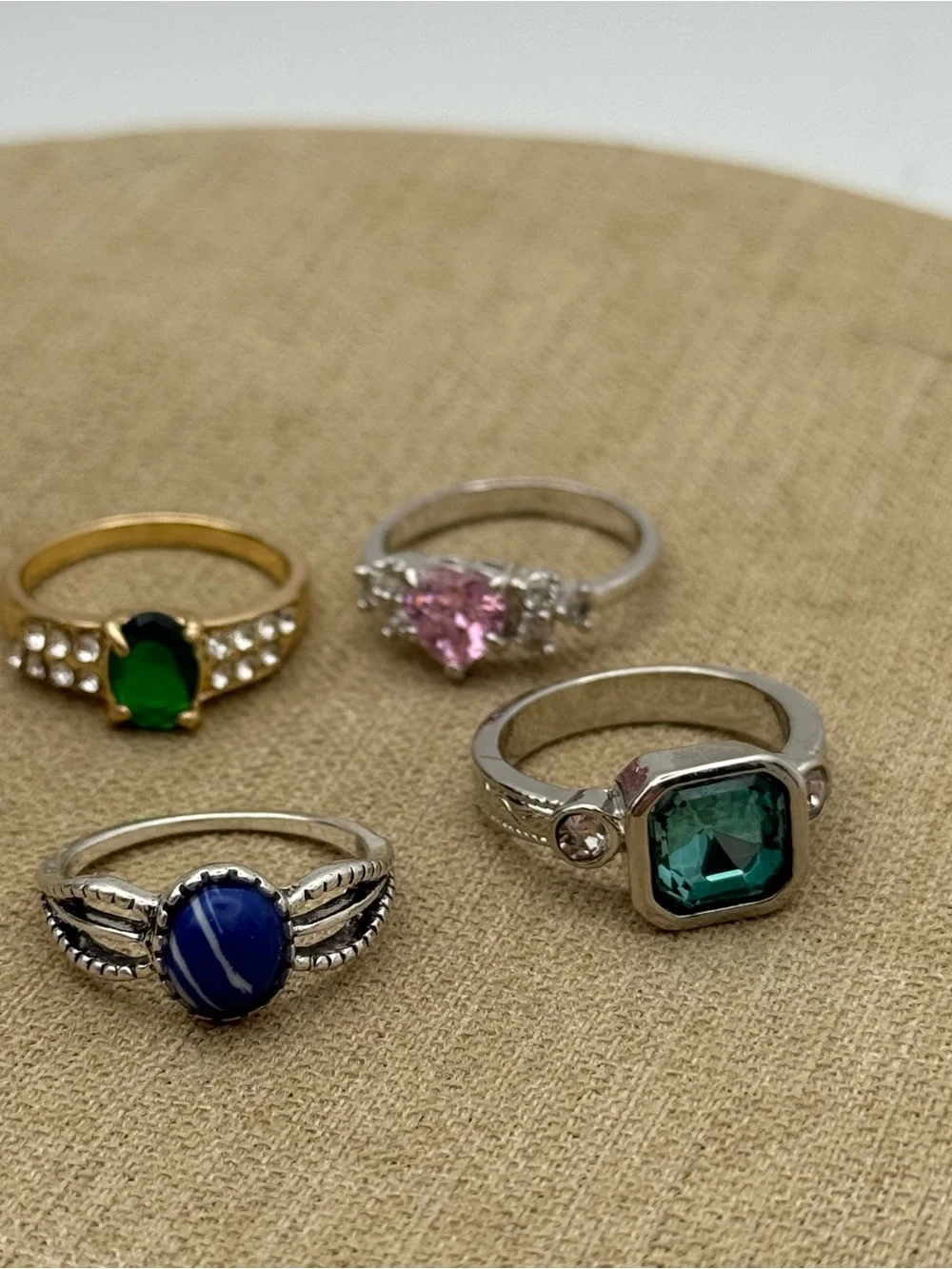 Set of 4 Mixed Gemstone Fashion Ring Set - Green, Pink, Blue, Emerald Tones